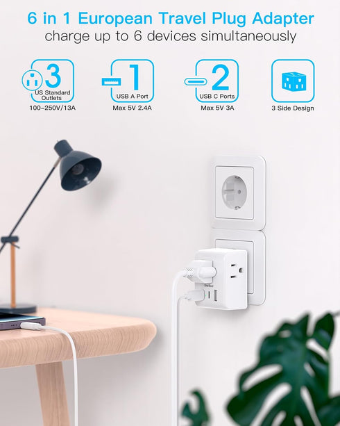 2 Pack European Travel Plug Adapter, One Beat International Power Plug Adapter with 3 Outlets 1 USBA 2 USB C, Type C Plug Adapter Travel Essential...