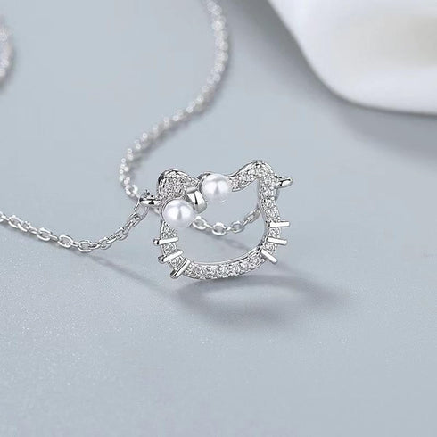Diamond Cat Necklace Sterling Silver Cute Pearl Cubic Zirconia Kitten Pendant Necklace Funny Cartoon Animal Cat Necklace Chain Jewelry Gifts for W...