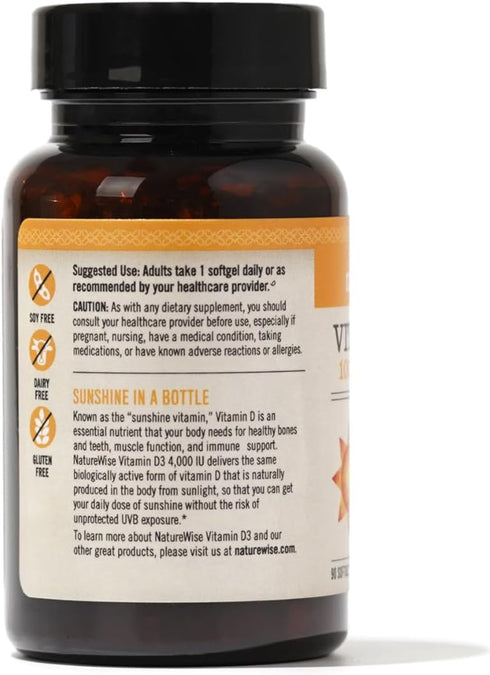 NatureWise Vitamin D3 4000iu (100 mcg) Healthy Muscle Function, and Immune Support, Non-GMO, Gluten Free in Cold-Pressed Olive Oil, Packaging Vary...