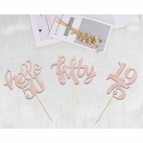 24 Pcs Rose Gold Glitter 50th Birthday Cupcake Toppers for 50th Birthday Celebrating Party Decorations...