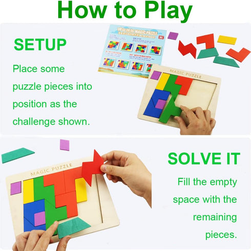 2 Pack Wooden Puzzle Blocks Geometric Tangram + Russian Blocks Puzzle for Kids & Adults, Intelligence Brain Teasers Toy Wooden Puzzle for All Ages...
