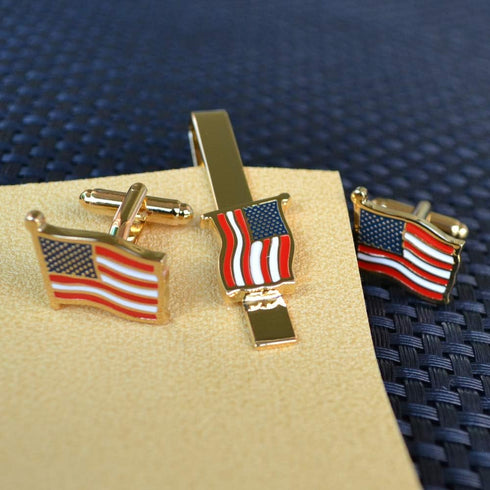 BXLE America Flag Tie Bar Clip and Cufflinks + Brooch Lapel Pin Set for Men, American USA US Cuff Links Necktie Stickpin Cufflink Button for Cops,...