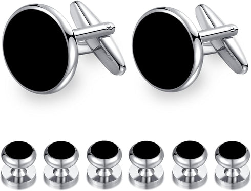 HONEY BEAR 8pcs set Cufflinks And Studs - Black Onyx, for Men Shirts Tuxedo Wedding Gift...
