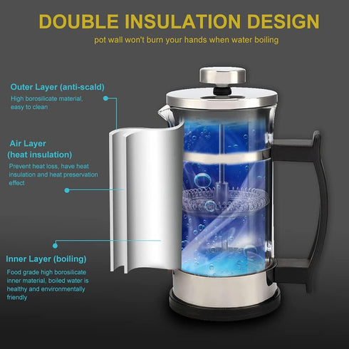 Joyzan French Press Coffee Maker, Stainless steel Coffee Pot Heat Resistant Cold Brew Tea Maker Thickness Borosilicate Glass Portable Small Filter...