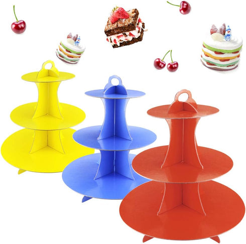 3 Pack 3-Tier Colorful Round Cardboard Cup Cake Holder Stand Dessert Tower, Reusable Pastry Serving Platter Food Display, Birthday Wedding Special...