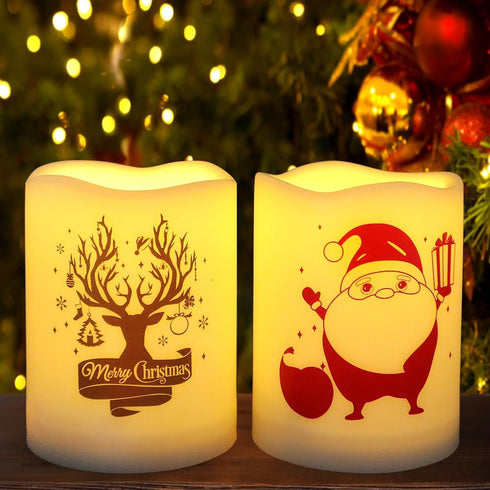 Set of 2 Wavy Edge Christmas 3x4 LED Pillar Candles Outdoor Waterproof - Ivory Pillar Candles Battery Powered with Timer Warm White Unscented Outd...