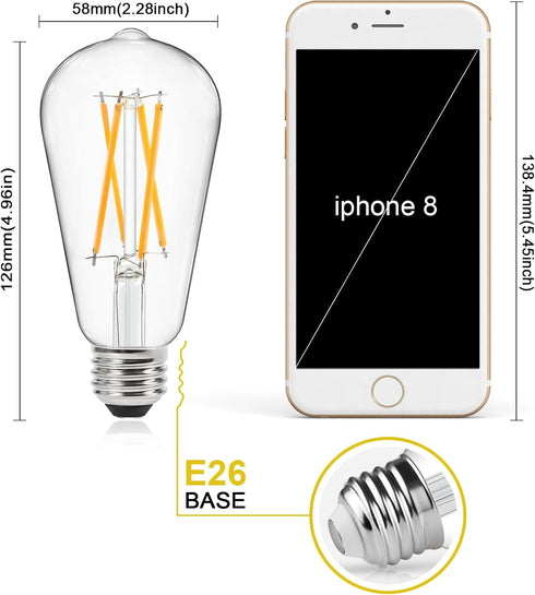 Ascher Vintage LED Edison Bulbs 60 Watt Equivalent, Eye Protection Led Bulb with 95+ CRI, Bright Warm White 2700K, Non-Dimmable, ST58 Antique LED ...