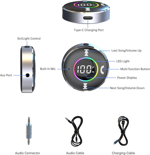 LAICOMEIN Bluetooth Receiver for Car, Bluetooth 5.3 AUX Adapter with LED Battery Display and Ambient Light, Wireless Audio Receiver for Car/Home S...