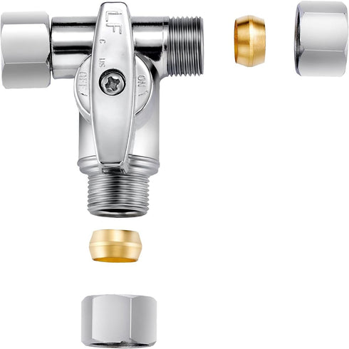 Lead-Free Brass 1Pcs Chrome-Plated Add-A-Tee 3-Way,3/8 Inch x 3/8 Inch x 3/8 Inch Angle Stop Valve For Reverse Osmosis Water Filters,Ice Maker,Ref...
