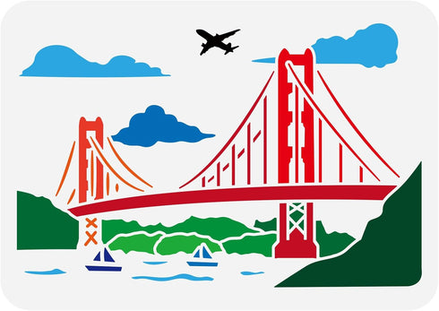 FINGERINSPIRE Golden Gate Bridge Stencil 8.3x11.7inch Reusable Bridge Pattern Painting Template Chain Bridge River Cloud Airplane Ship Decoration ...