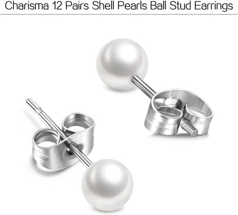 Charisma 6mm Composite Pearl Earrings Round Ball Pearls Stud Earrings Hypoallergenic 12 Pairs Imitation Pearl Earrings Set for Women...