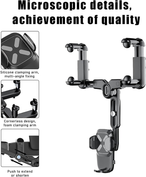 Rear View Mirror Phone Holder, 360° Rotatable Retractable Rearview Mirror Phone Mount, Multifunctional Adjustable Auto Phone Cradles for All Smart...