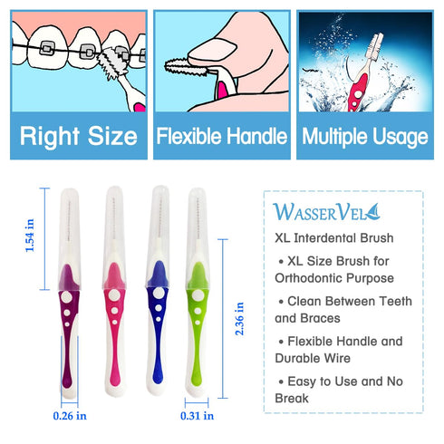 16pcs XL Size Orthodontic Interdental Brush, 4 Handle Colors, Clean Between Teeth and Braces, Flexible Handle and Durable Wire, Easy to Use and No...