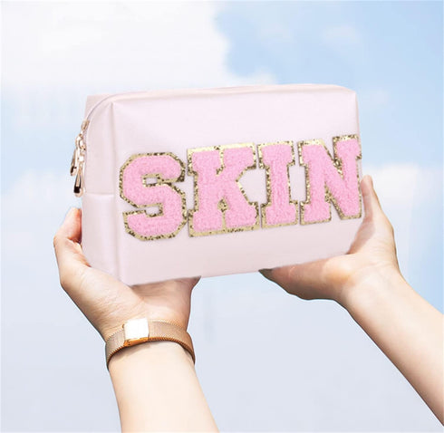 Preppy Patch Cosmetic Toiletry Bag for Women Girls SKIN Letters PU Leather Portable Makeup Bag Zipper Pouch Storage Purse Waterproof Organizer for...