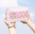 Preppy Patch Cosmetic Toiletry Bag for Women Girls SKIN Letters PU Leather Portable Makeup Bag Zipper Pouch Storage Purse Waterproof Organizer for...