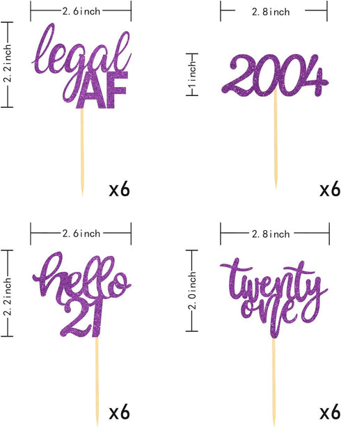 24 Pcs Glitter 21st Birthday Cupcake Toppers for Celebrating Twenty-One Years Old Birthday Party Decorations (Purple Glitter)...
