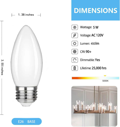 6Pack B11 E26 LED Candelabra Bulbs, 5W Equal 40 watt Edison Light Bulbs, Daylight White 5000K Dimmable Candle Bulb for Chandeliers, Ceiling Fan,Pe...