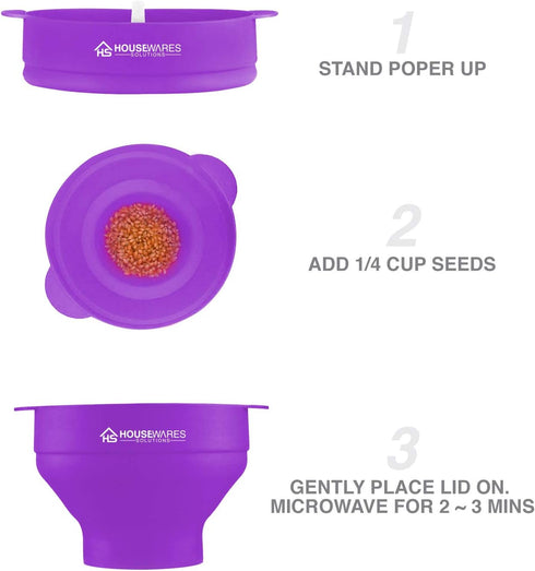 Collapsible Silicone Microwave Hot Air Popcorn Popper Bowl With Lid and Handles (Purple)...