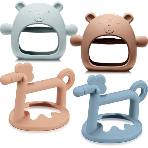 4 Pieces Silicone Teething Toys Bear Baby Teether Toy Anti Dropping Horse Teething Pacifier Baby Chew Toys Chewable Hand Teethers for Sucking Chew...