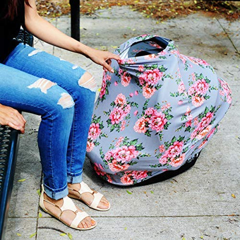 Breastfeeding Cover - Car Seat Cover with Bonus Strap Covers - Kiddo Kind Gray Floral...