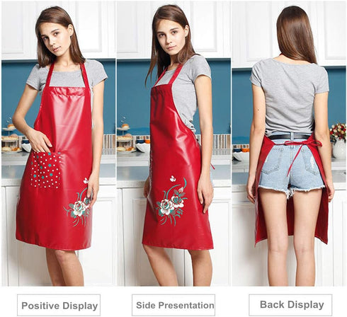 PU Kitchen Oil and Waterproof Aprons for Women with Pocket for Cooking Washing...