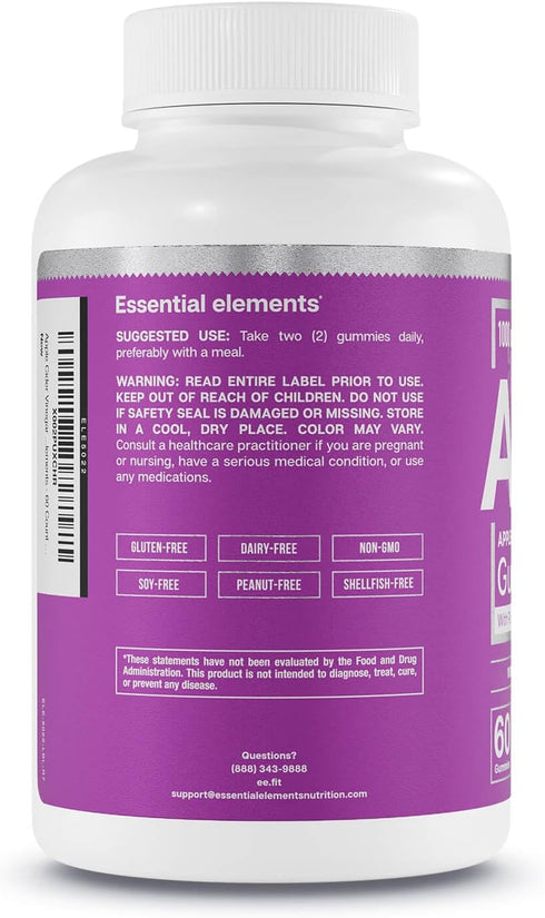Essential Elements Apple Cider Vinegar Gummies from The Mother - Naturally-Sourced, Vegan ACV with Folic Acid and Vitamin B6 & B12 60 Count...