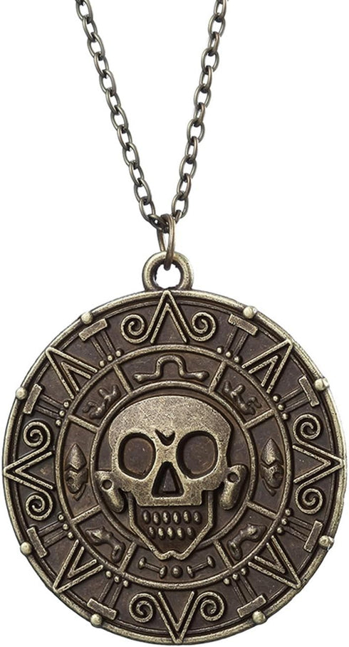 Pirate Skeleton Coin Pendant Necklace for Women Men, Caribbean Skull Head Necklace for Halloween Costume Jewelry Accessory...