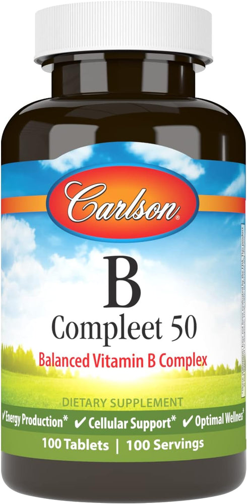 Carlson - B Compleet 50, Balanced Vitamin B Complex, Energy Production, Cellular Support & Optimal Wellness, 100 Tablets...