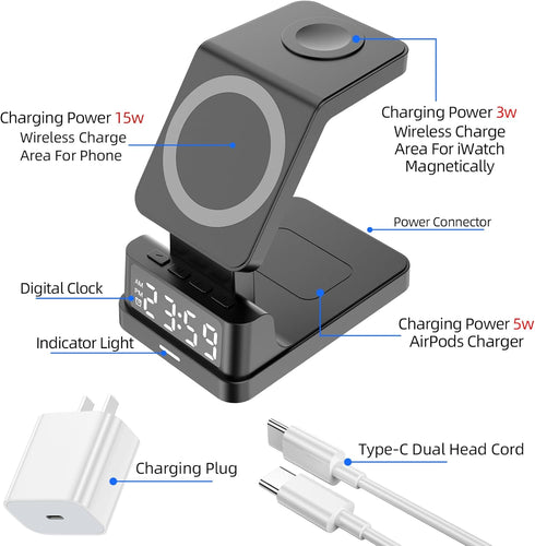 4-in-1 15W Fast Wireless Charger Station with Clock - Compatible with iPhone 15/14/13/12 Pro Max, Apple Watch, and AirPods Pro/2/3 - Includes Alar...