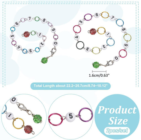 NBEADS 2 Pcs Glass Number Beads Knitting Row Counter Chains, Link Beads Stitch Marker Row Counter Chains with Aluminum Linking Ring for Sewing Kni...