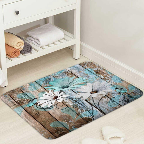 Farmhouse Floral Flower Bath Mat, Teal Daisy Rustic Wooden Plank Country Barn Wood Turquoise Blue Non-Slip Flannel Soft Doormat Floor Entryways Ou...