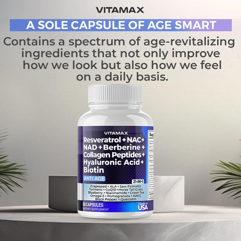 Vitamax Resveratrol NAD+ Berberine Hyaluronic Acid - Biotin Grape & Blueberry + NAC - Collagen Peptides - Hair, Nail, Skin & Joint Supplement - 21...