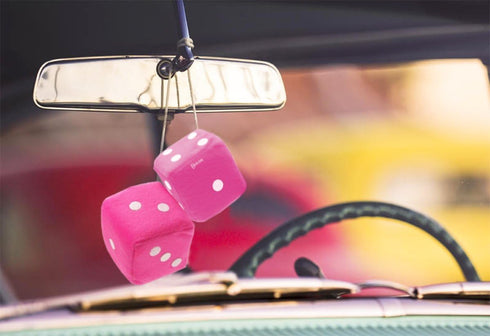 Zento Deals Pair of 3 inch Square Hot Pink Hanging Fuzzy Plush Dice with White Dots for Car Interior Cute Ornament Decoration Rear View Mirror Acc...