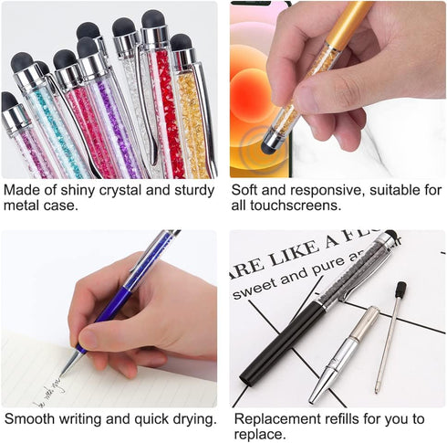 8Pcs Crystal Diamond Stylus Pens, FHDUSRYO 2 in 1 Black Ink Capacitive Ballpoint Pens with 8 Replacement Refills, Bling Rhinestones Retractable To...