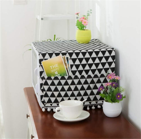 Microwave Oven Cover Dust Oil Proof Cloth with Storage Pockets Cotton Linen Kitchen Toaster Appliance Protector (Black triangle)...