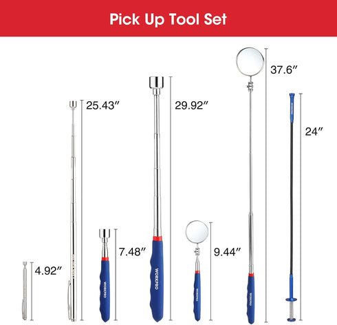 WORKPRO 4PC Telescoping Magnetic Pick Up Tool Kit, Includes Telescoping Inspection Mirror, 2PC Magnetic Pick Up Tool And Four Claw Grabber Tool, P...