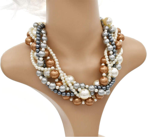 Womens Multi strand Chunky Statement Pearl Necklace Choker for Women Bride Wedding Jewelry set...