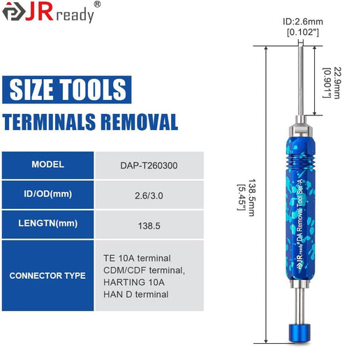 JRready DAP-T260300 Terminal Extractor Tool for HARTING/TE Heavy Duty 10A Series Connector Contacts, Male/Female Pin Removal Tool, ID: 0.102'',OD:...