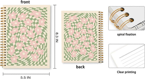 Retro 70s Groovy Pink Flower Sage Green Distorted Checkered Lined Hardcover College Ruled Spiral Notebook Journal for Work Notes Journaling 5.5×8....