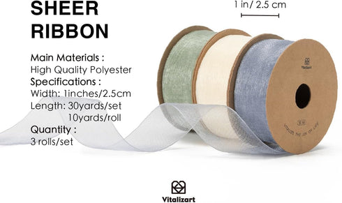 Vitalizart Organza Sheer Ribbon Set 1 inch x 30Yd Handmade Eco-Friendly Fabric Ribbons for Gift Wrapping Christmas Tree Crafts Bows Wedding Invita...