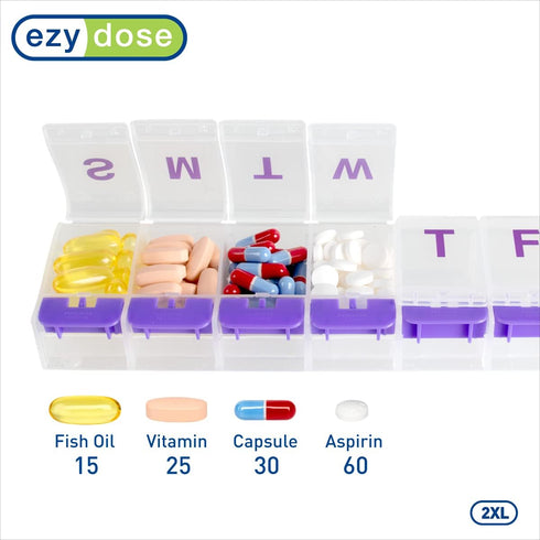 EZY DOSE Weekly (7-Day) Pill Case, Medicine Planner, Vitamin Organizer Box, 2X-Large Push-Button Compartments, Color May Vary, BPA Free...
