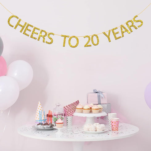Gold Glitter Cheers to 20 Years Banner for 20th Birthday / 20th Wedding Anniversary / 20th Birthday Party Decorations...