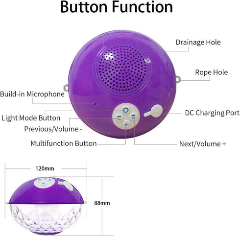 Floating Pool Speakers with Colorful Lights, Bluetooth Wireless Pool Speaker Floatable IP68 Waterproof, Built-in Mic, Crystal Clear Sound Pool Spe...