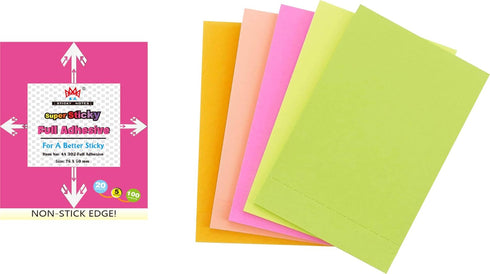 4A Sticky Full Adhesive Notes,3 1/3 x 2 Inches,20 Sheets/Color,Self-Stick Notes,5 Colors/Pack,100 Sheets Total,4A 302 Full Glue...
