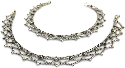 Handmade Womens Boho Anklets Pair | Silver Plated Brass Copper Metal Chain Vintage Antique Oxidized Finish | Inidan Payal Feet Ankle Bracelet Fash...