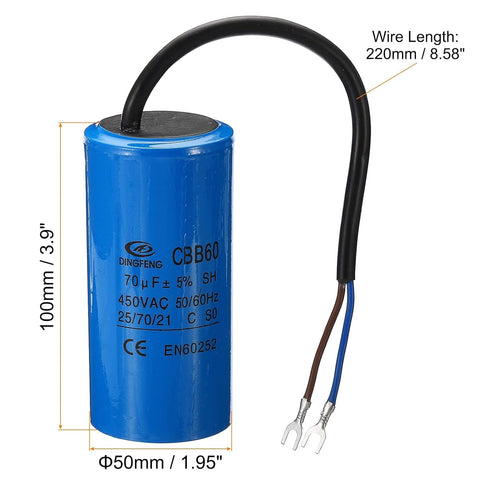 PATIKIL CBB60 70uF Running Capacitor, AC 450V 2 Wires 50/60Hz Cylinder 100x50mm for Air Compressor Motor, Washing Machines, Refrigerators Motor St...