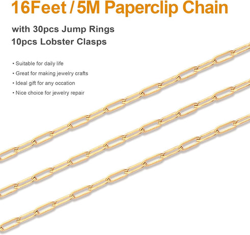 Kyutong 5M Gold Plated Necklace Chain for Jewelry Making 304 Stainless Steel Paperclip Chain Roll with Lobster Clasps and Jump Rings for Men Women...