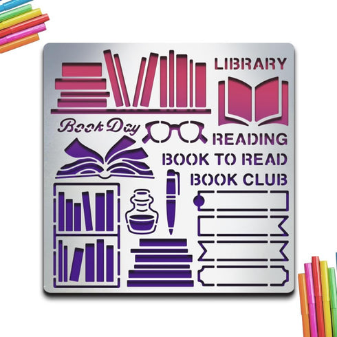 Book Metal Stencil Book Metal Journal Stencils LIBRARY READING BOOK to READ BOOK CLUB 6×6inch DIY Template for Diary Scrapbooking Card...