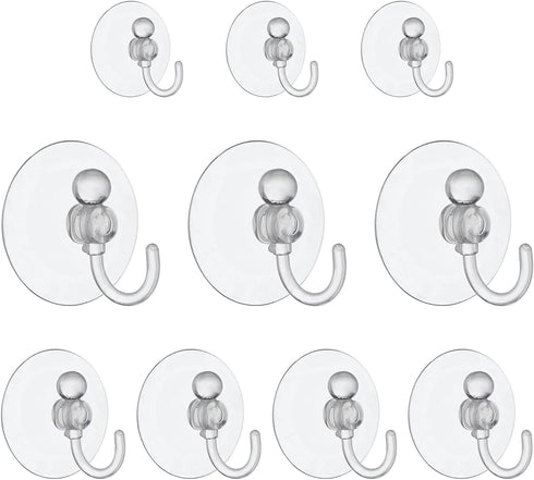 Suction Cup Hooks, 10Pcs Removable Window Suction Cups with Hooks Including 3 Sizes for Glass, PVC Suction Cups with Hooks for Shower, Bathroom an...