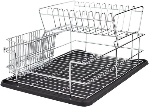 Home Basics Black Kitchen Sink Countertop 2 Tier Dish Rack and Draining Board Cutlery Holder, Fits Large Plates, Dry & Drip Tray, Full Mesh...